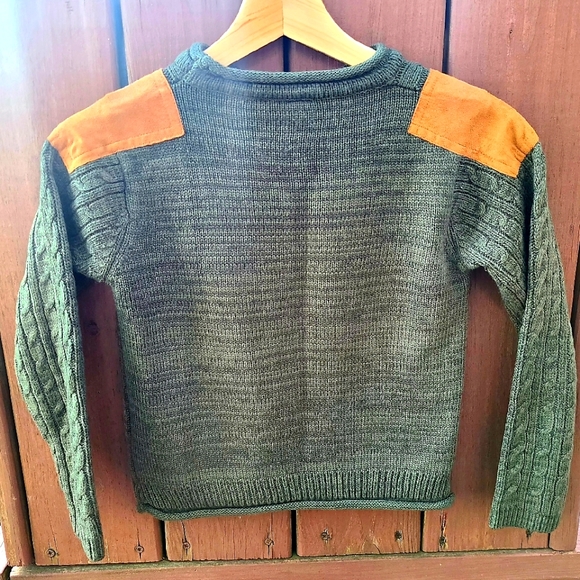Class Club Little Boys Cable Knit Suede Shoulder Patch Sweater Olive Green Sz 5 - Picture 3 of 6